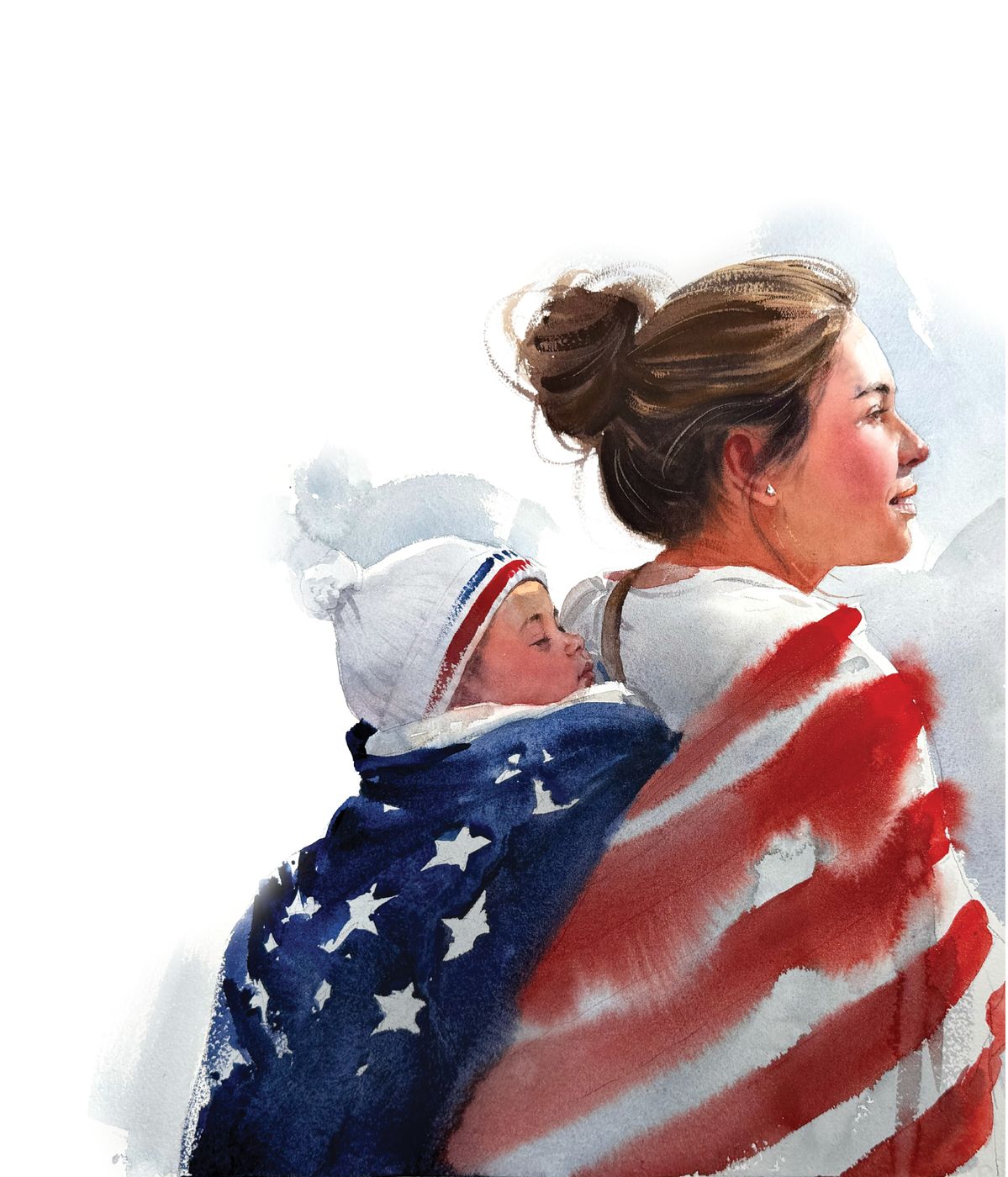 Ilustração de uma mãe carregando seu bebê, envoltos na bandeira dos Estados Unidos